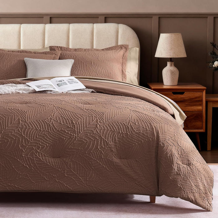 Geniospin Queen Comforter Set - 7 Pieces Purple Bedding Set, Botanical Textured Fall Comforter Set, All Season Comfortable Bed in a Bag with Comforter, Sheets, Pillowcases & Shams