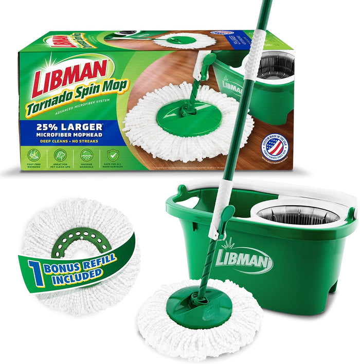 Libman Tornado Spin Mop System with 3 Refill Heads, Microfiber Spinning Mop and Bucket with Wringer Set for Home, Floor Cleaning of Hard-Wood, Laminate, Tile, All Surface Cleaner, 4 Total Mop Heads