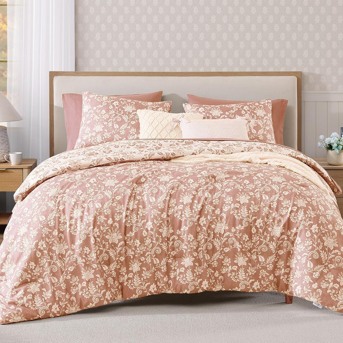 Queen Comforter Set -7 Pieces Terrecotta Floral Comforter Set for All Seasons, Bed in a Bag Queen with Botanical Flowers Comforter, Sheets, Pillowcases & Shams