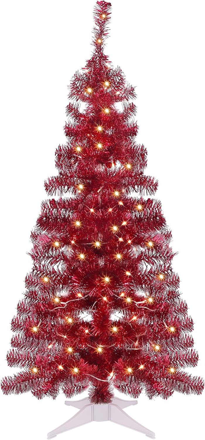 Juegoal 4 FT Pre-lit Artificial Christmas Tree, Lighted Silver Tinsel Pencil Pine Spruce Trees with 70 Warm White LED Lights, 8 Lighting Mode & Timer for Xmas Holiday Winter Home Party Decor