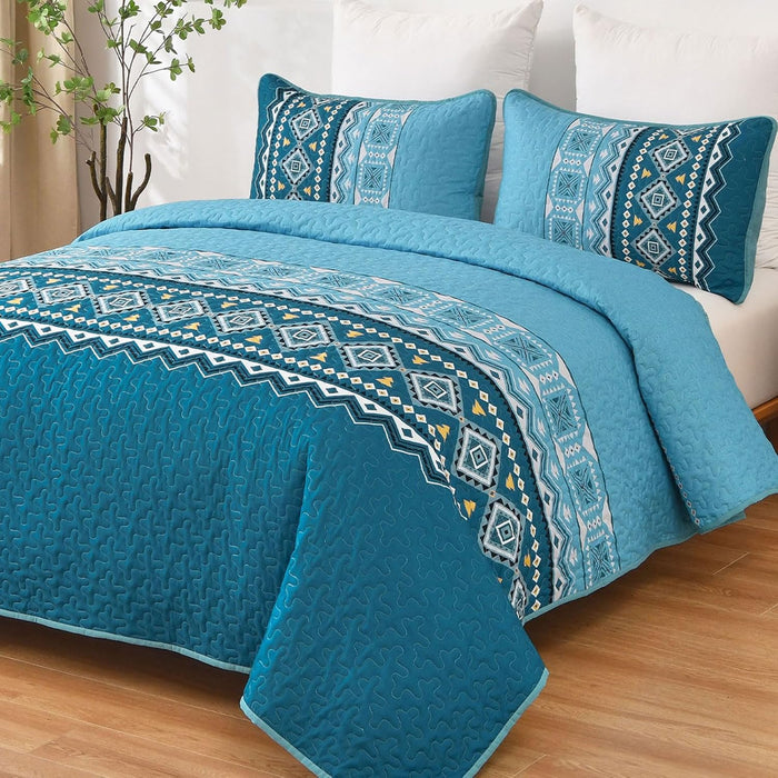 WONGS BEDDING 3 Pieces Quilt Set King Size, Pink Grey Quilt Bedspread Lightweight Bohemian Coverlet Set with 2 Pillowcase, Soft Geometry Printed Bedding Set King for All Season 104"×90"