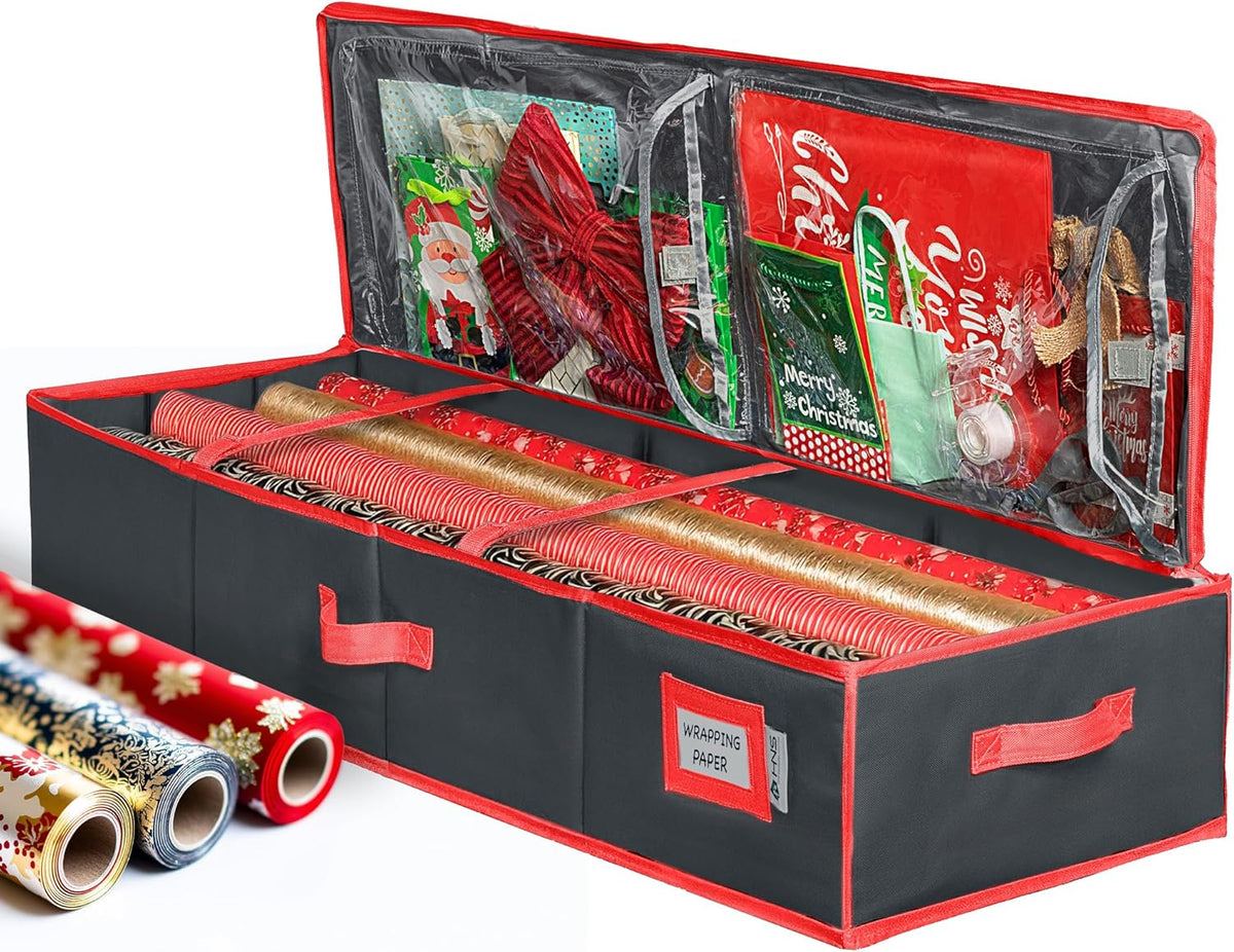 HOLDN’ STORAGE Premium Wrapping Paper Storage Container - Durable 600D Tear-Proof, Fits 27 Rolls Gift Wrap, Extra Pockets for Ribbons & Bows, Underbed Storage - Ideal for Holiday Christmas, Gray