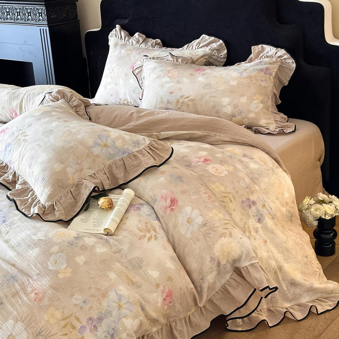 VM VOUGEMARKET Linen Cotton Jacquard Duvet Cover Queen,3 Pcs Yarn-Dyed Textured Duvet Cover Set Green Purple Floral Bedding Breathable, Natural Wrinkled Look-No Comforter