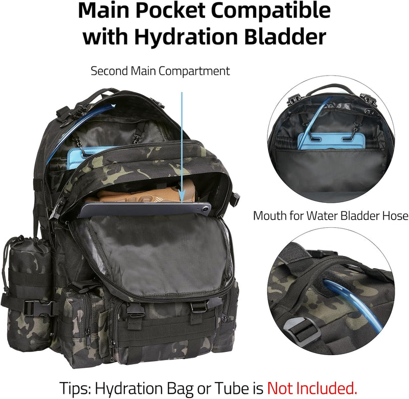 60L Tactical Backpack for Men, Large Military Backpack Army Assault Pack with D-Ring Molle Clips Compass Accessories, Bug Out Bag for Hiking Camping Hunting Detachable Rucksack, Black Camo