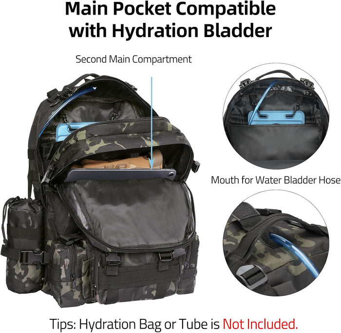 60L Tactical Backpack for Men, Large Military Backpack Army Assault Pack with D-Ring Molle Clips Compass Accessories, Bug Out Bag for Hiking Camping Hunting Detachable Rucksack, Black Camo