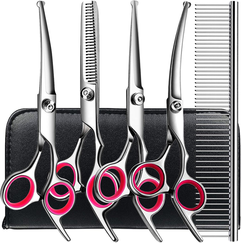 5 in1 Dog Grooming Scissors Kit, Professional Dog Scissors for Grooming with Safety Round Tips, Titanium Coated Grooming Shears for Dogs Cat Pet At Home
