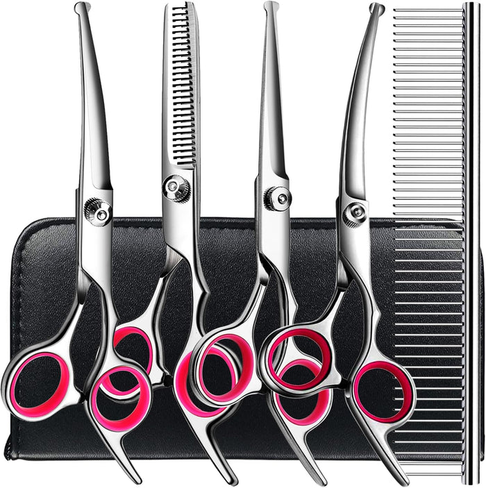 5 in1 Dog Grooming Scissors Kit, Professional Dog Scissors for Grooming with Safety Round Tips, Titanium Coated Grooming Shears for Dogs Cat Pet At Home
