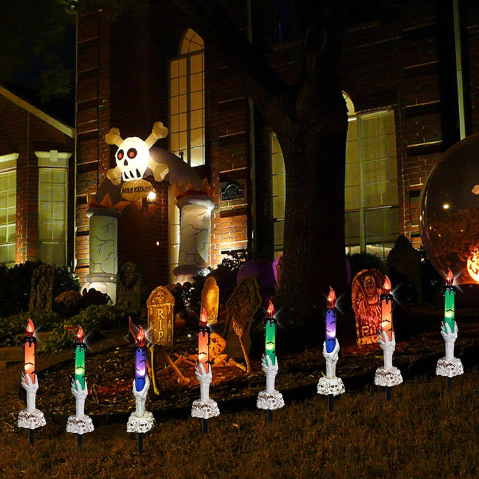 Dazzle Bright Halloween Decorations, 5 Pack Lighted Battery Operated Skeleton Hands Hold Candle with Stakes, Pathway Decor for Indoor Outdoor Party Home Garden