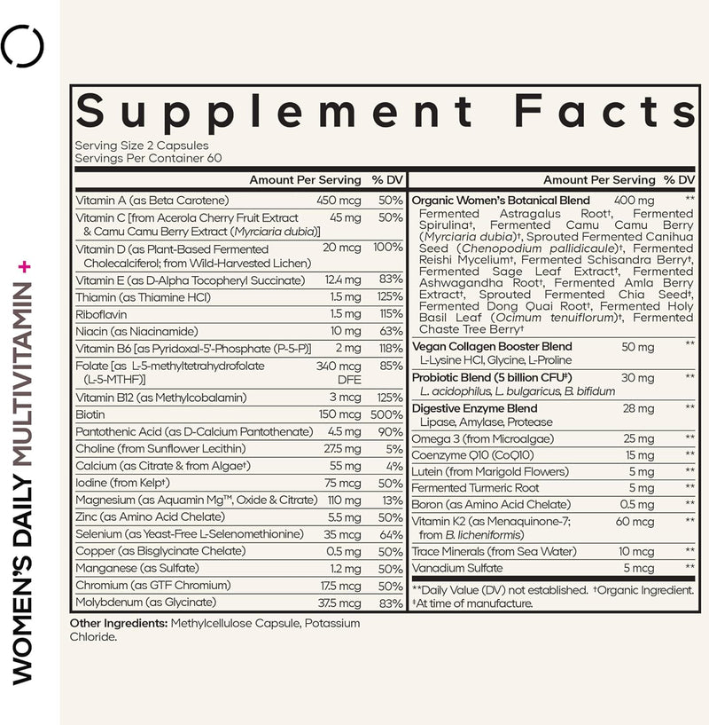 Codeage Women’s Daily Multivitamin, 25+ Vitamins & Minerals, Fermented, Organic Whole Foods, Probiotics Supplement - Vitamin A, B, C, D, E & K, Omega 3, Zinc – Vegan - 120 Capsules