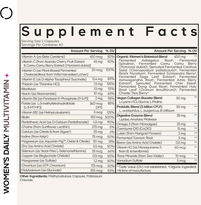 Codeage Women’s Daily Multivitamin, 25+ Vitamins & Minerals, Fermented, Organic Whole Foods, Probiotics Supplement - Vitamin A, B, C, D, E & K, Omega 3, Zinc – Vegan - 120 Capsules