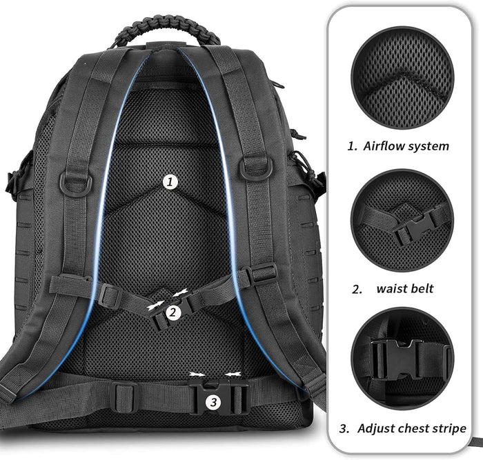 Military Backpack, Large 3 Day Tactical Backpack for Men Work Camping Army Molle Assault Pack Utility Bug Out Bag 45L Black