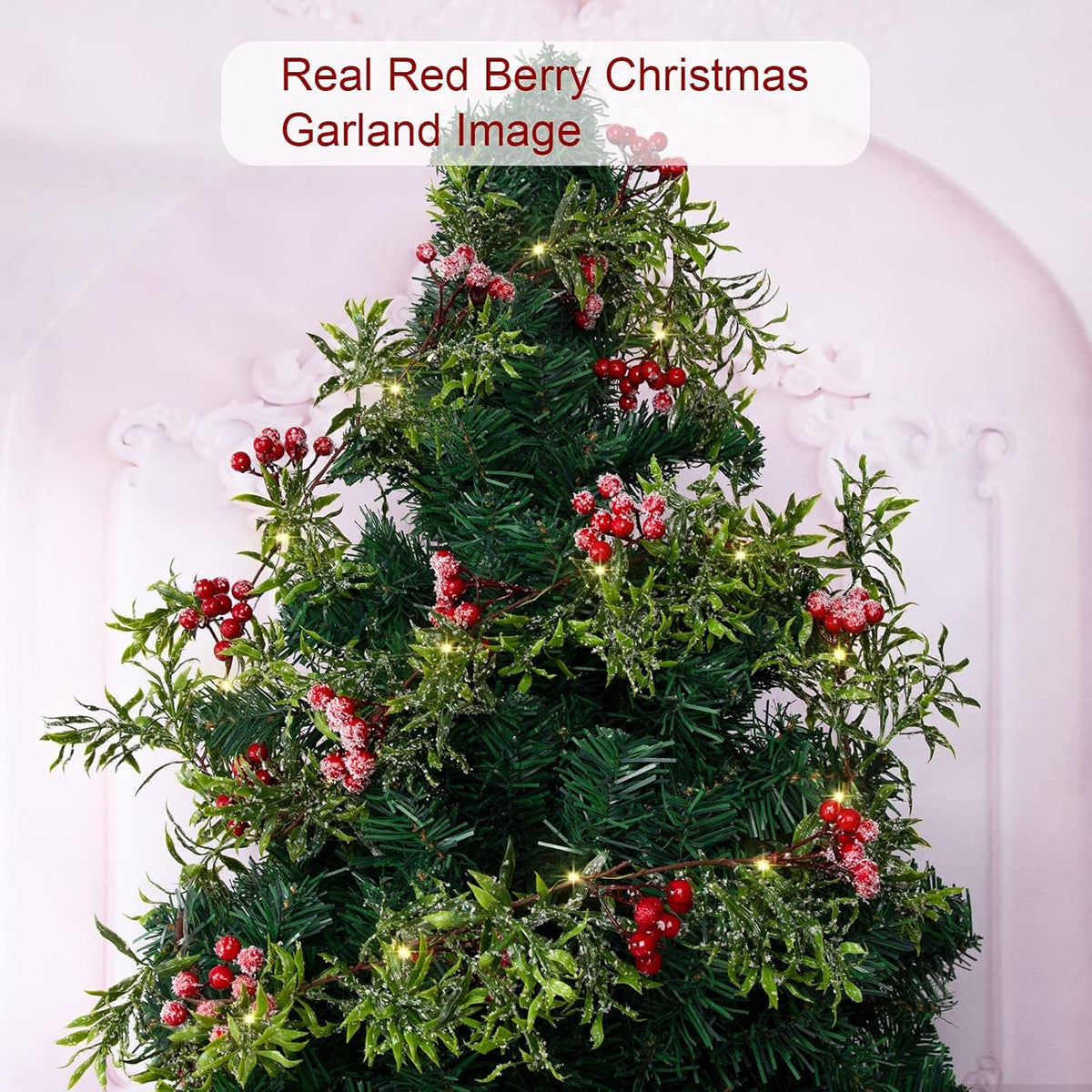 5.9FT Artificial Christmas Garland String Lights with 162 Snowy Red Berries 55 Green Leaves 20 LED Lights Battery Operated for Xmas Mantle Indoor Outdoor Holiday Christmas Thanksgiving Decoration