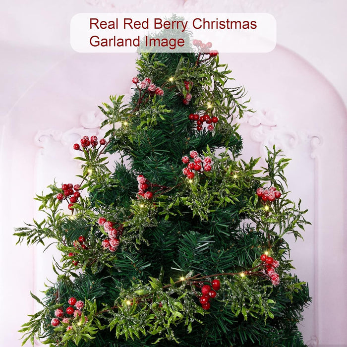 5.9FT Artificial Christmas Garland String Lights with 162 Snowy Red Berries 55 Green Leaves 20 LED Lights Battery Operated for Xmas Mantle Indoor Outdoor Holiday Christmas Thanksgiving Decoration