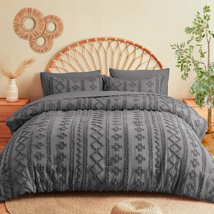 MR&HM Beige Comforter Set Queen, Tufted Boho Bedding Set, Farmhouse Bed in a Bag Set 7 Pieces with 1 Comforter, 2 Pillow Shams, 2 Pillowcases, 1 Flat Sheet, 1 Fitted Sheet for All Seasons