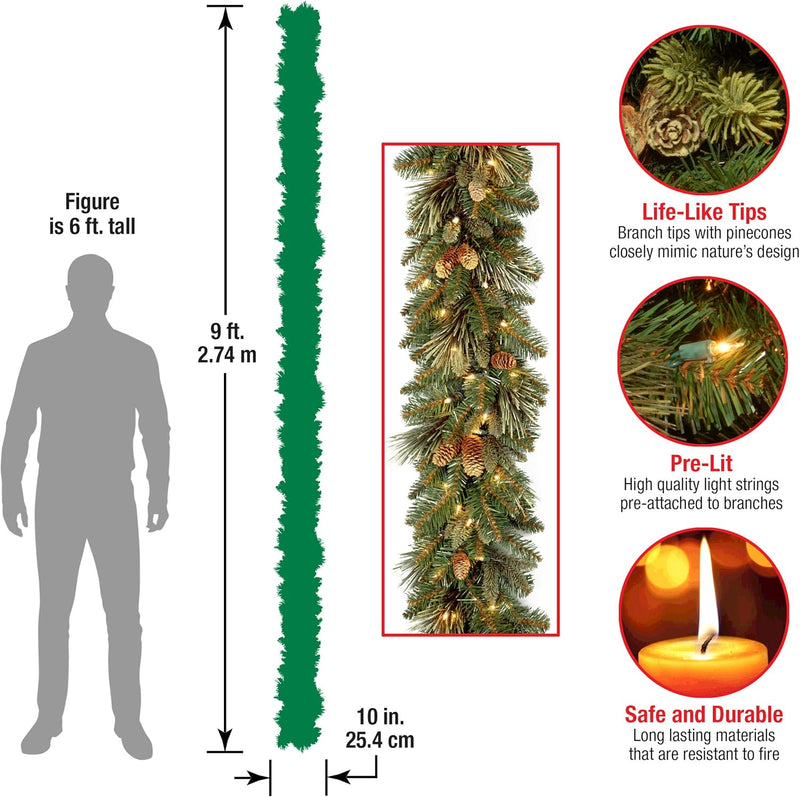 National Tree Company Pre-Lit Artificial Christmas Garland, Green, Carolina Pine, White Lights, Decorated with Pine Cones, Battery Operated, Christmas Collection, 9 Feet