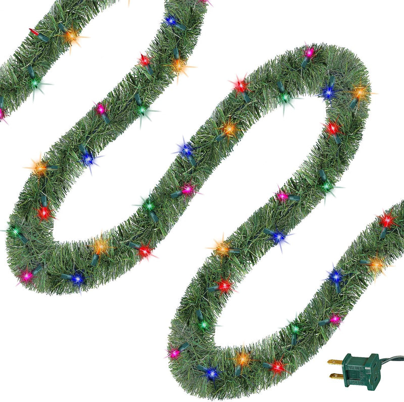 WATERGLIDE 49FT Lighted Christmas Green Garland with 100 Count Clear String Lights, Pre-lit Long Artificial Greenery Garlands, Plug in Holiday Decorative Lights for Indoor Outdoor Decor