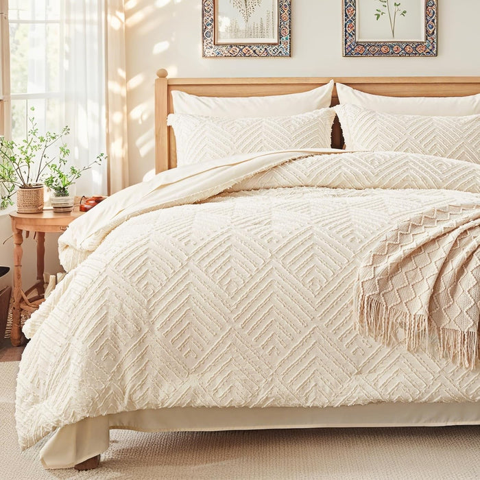 Zzlpp Full Comforter Set 7 Pieces, Beige Tufted Bed in a Bag with Comforter and Sheets, All Season Boho Bedding Sets with 1 Comforter, 2 Pillow Shams, 2 Pillowcases, 1 Flat Sheet, 1 Fitted Sheet