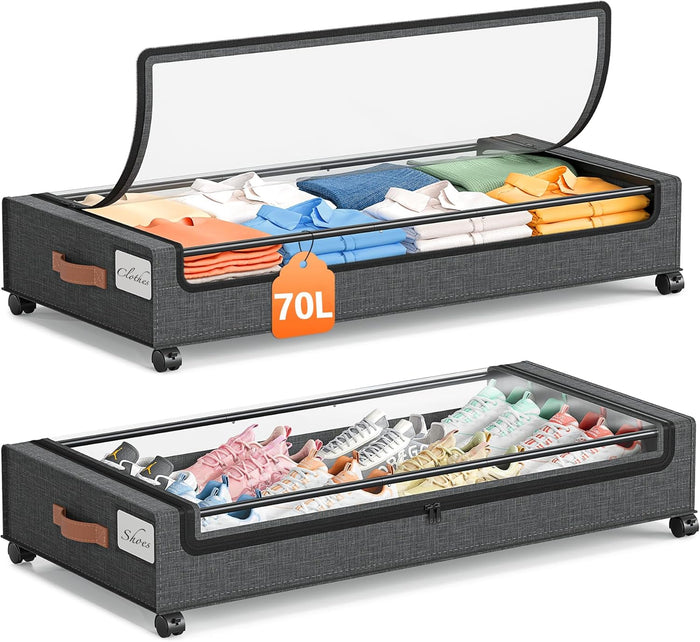 Yecaye Under Bed Storage with Wheels, 2Pack Under Bed Storage Containers, Underbed Shoe Storage Organizer, Rolling Under Bed Metal Drawers for Clothes, Blankets(30.71 x 16.93 x 6.69 in)