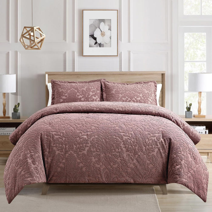Sunshine Nicole Velvet Jacquard Comforter Set, Velvet Jacquard Face and Brushed Solid Microfiber Reverse, with Light Weight Soft Poly Fill, 3 Pieces Purple, King