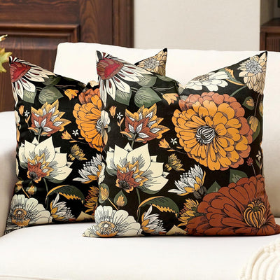 Black Boho Floral Velvet Throw Pillow Covers 18x18 Inch Set of 2 Farmhouse Vintage Cushion Covers Mid Century Modern Botanical Home Decor Pillow Cases for Couch Bed Sofa Living Room, Bedroom