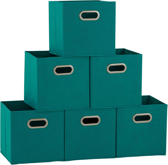 Household Essentials Foldable Fabric Storage Cubes 6-Pack – 11x11x11 Stackable Non-Woven Bins with Chipboard Sides & Grommet Handles – Closet, Shelf, Nursery, or Office Organizer – Black