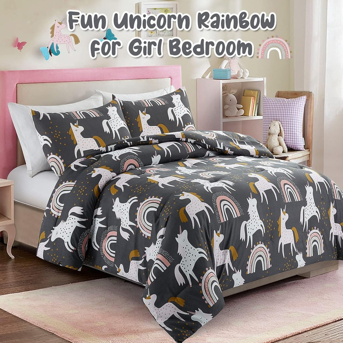 HollyHOME 2 Piece Twin Size Bedding Comforter Sets for Teens and Girls, Pink Unicorn and Rainbow Bedding Set, 66”x 86”