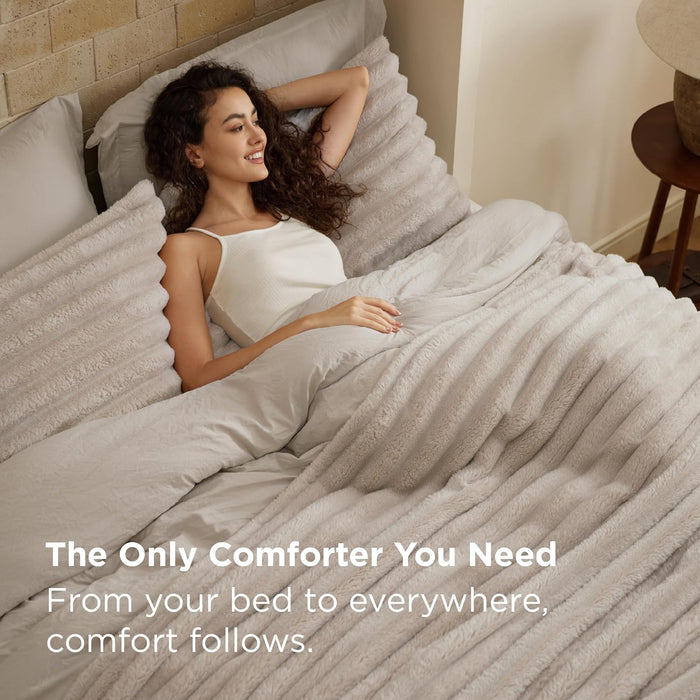 Bedsure Gentlesoft™ 2-in-1 King Size Comforter Set and Detachable Fluffy Blanket, Beige Bedding Set for All Season Use, SnapTech™ Design for Space Saving (Includes 2 Pillow Shams, 2 Pillowcases)