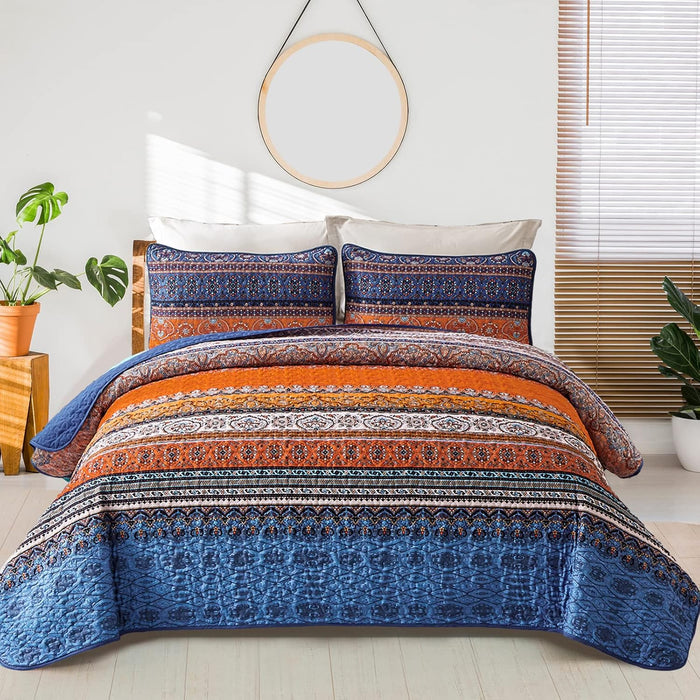 WONGS BEDDING Boho Fall Queen Quilt Set, Brown Bohemian Queen Quilt Bedding Set, Lightweight Microfiber Bed Decor Bedspread for All Season 96"x90"(3 Pieces)
