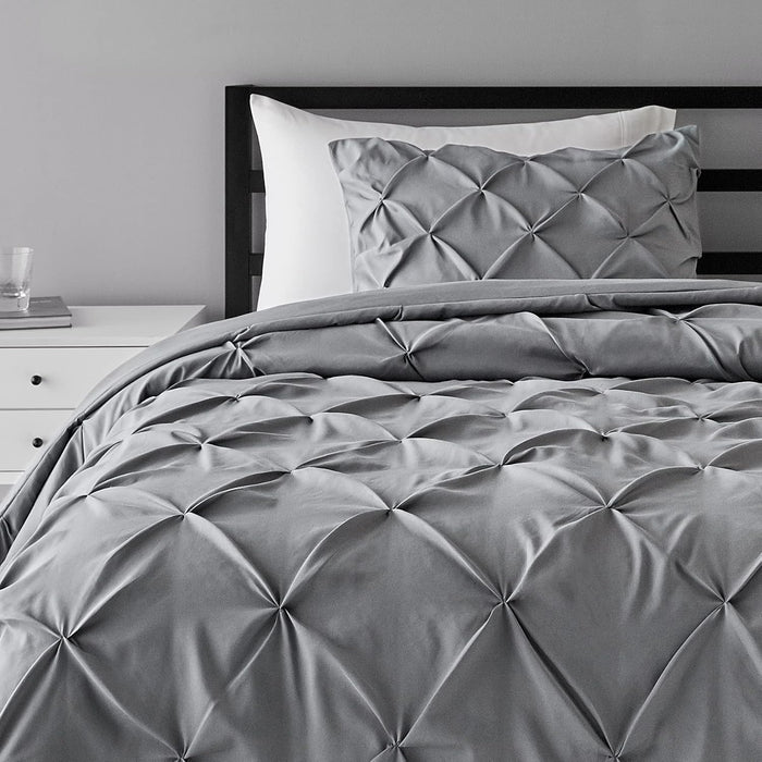 Amazon Basics Soft, Warm Down Alternative Queen Size Comforter Set, All-Season 3-Piece Bedding with Breathable Microfiber, Pinch Pleat Design, Full/Queen, Navy Blue