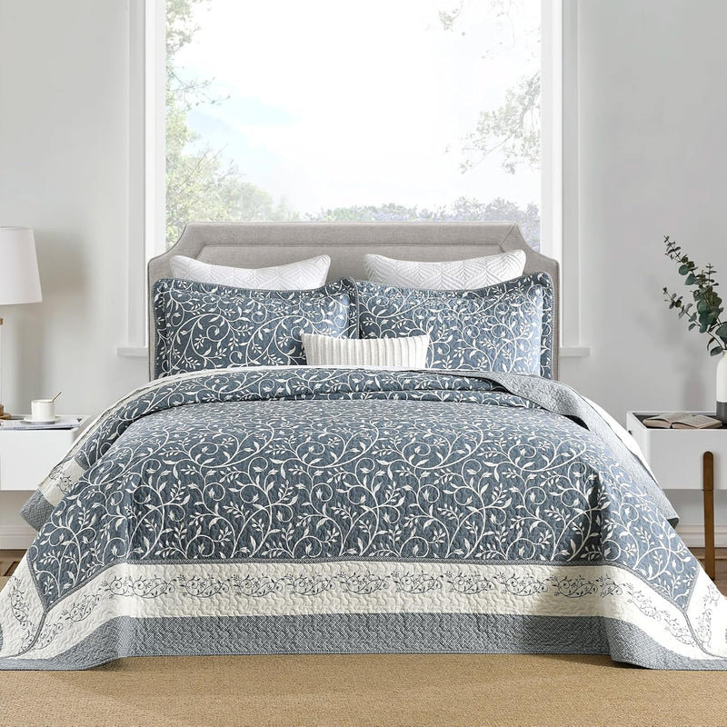 100% Cotton Oversized Quilt 120"x120", Extra Large King Bedspread, Farmhouse Botanical Bed Spreads Coverlet, Lightweight Quilted Bedding Cover, 3 Piece, Grayish Blue/Beige