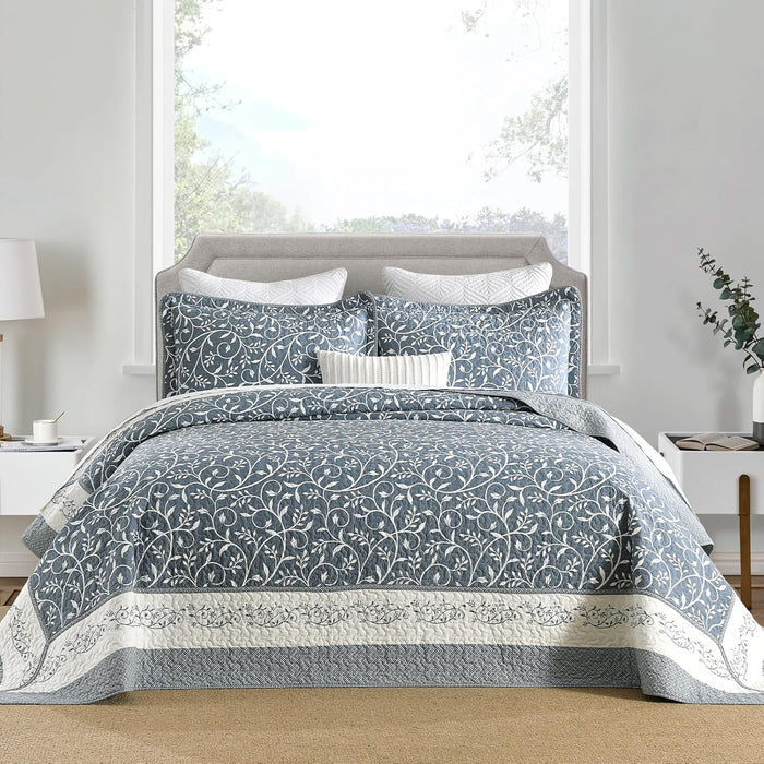100% Cotton Oversized Quilt 120"x120", Extra Large King Bedspread, Farmhouse Botanical Bed Spreads Coverlet, Lightweight Quilted Bedding Cover, 3 Piece, Grayish Blue/Beige