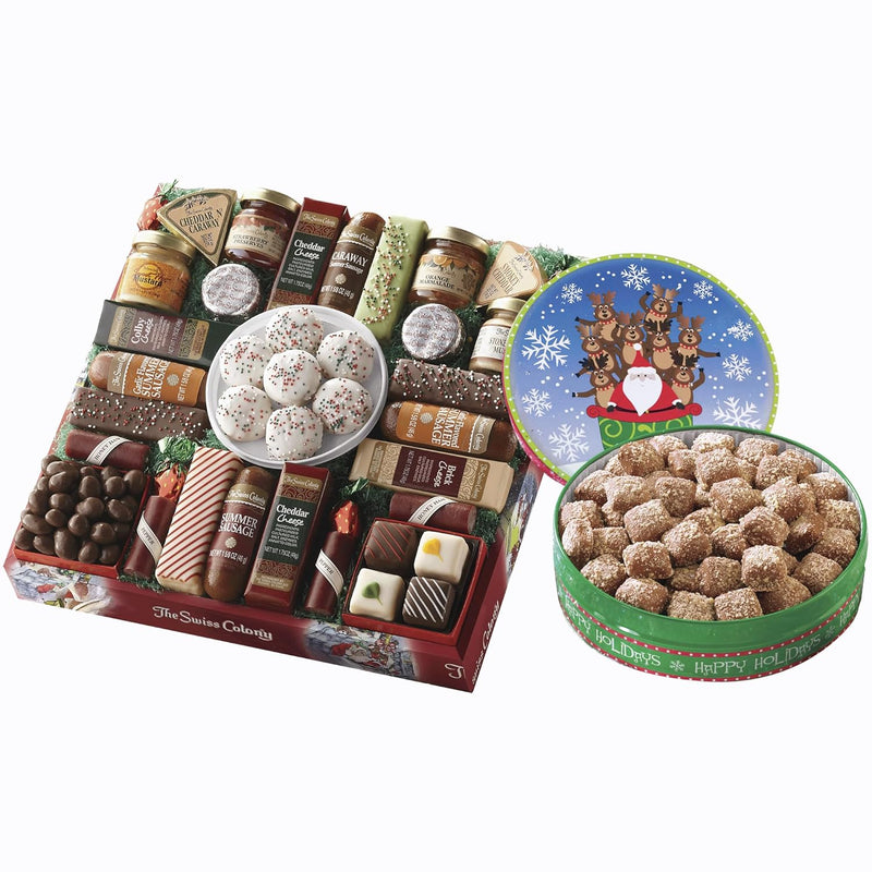 The Swiss Colony 27 Favorites Food Gift Set, Summer Sausage Meats and Cheeses, Assorted Chocolates, Candies, Petits Fours, Cheese & Charcuterie Board Gifts Basket, Holiday, Christmas - Holiday Red Box