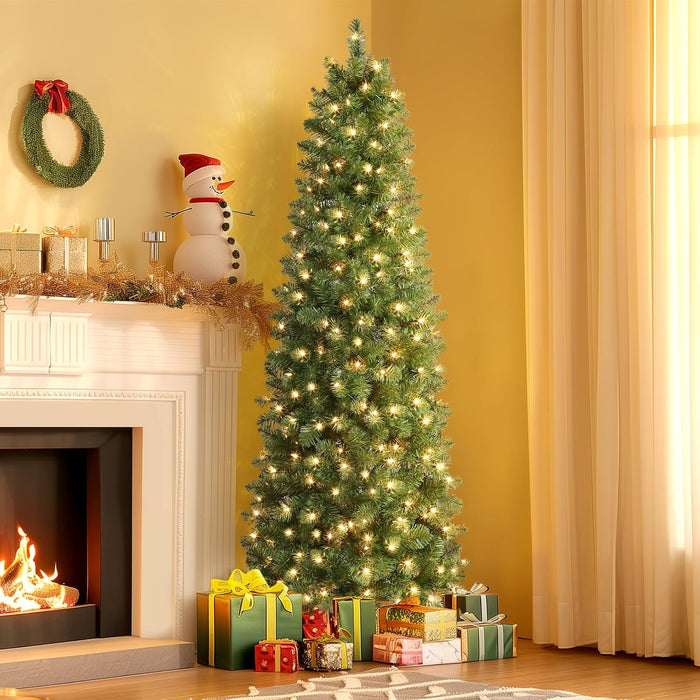 SHareconn 6ft Prelit Artificial Hinged Slim Pencil Christmas Tree with Warm White Lights, Full Branch Tips, Good Choice Decoration for Xmas Holiday, 6 FT, Green