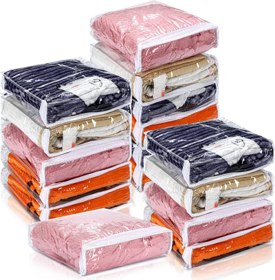 Kingdder 16 Pcs Clear Vinyl Zippered Sweater Storage Bags with Zipper 10 x 10 x 2.5 Inch Plastic Sheet Organizer and Storage for Clothing Blankets Sheet Linen Bed Pillow Cube Organizer