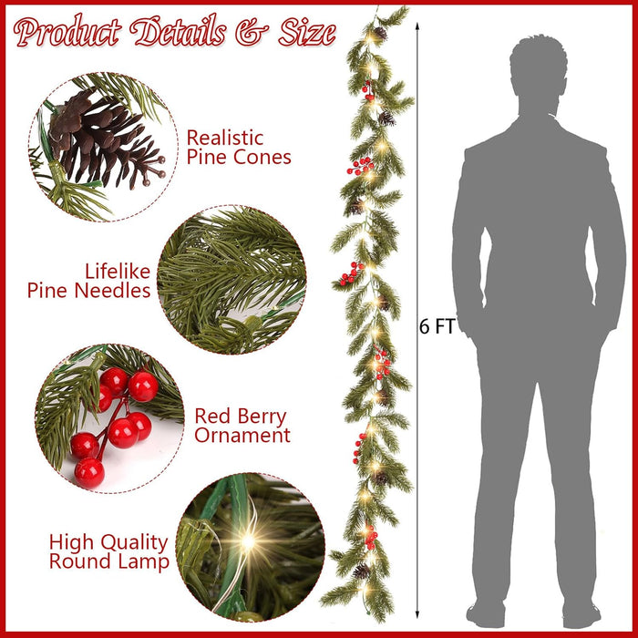 CCINEE Christmas Garland with Lights, 6 FT Battery Operated Prelit Norfolk Pine Garland with 35 LEDs Red Berries Pine Cones Artificial Decoration for Mantle Stairs Fireplace Table Christmas Decor