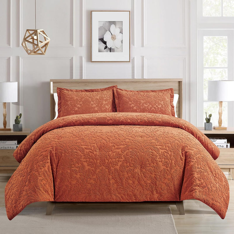 Sunshine Nicole Velvet Jacquard Comforter Set, Velvet Jacquard Face and Brushed Solid Microfiber Reverse, with Light Weight Soft Poly Fill, 3 Pieces Purple, King