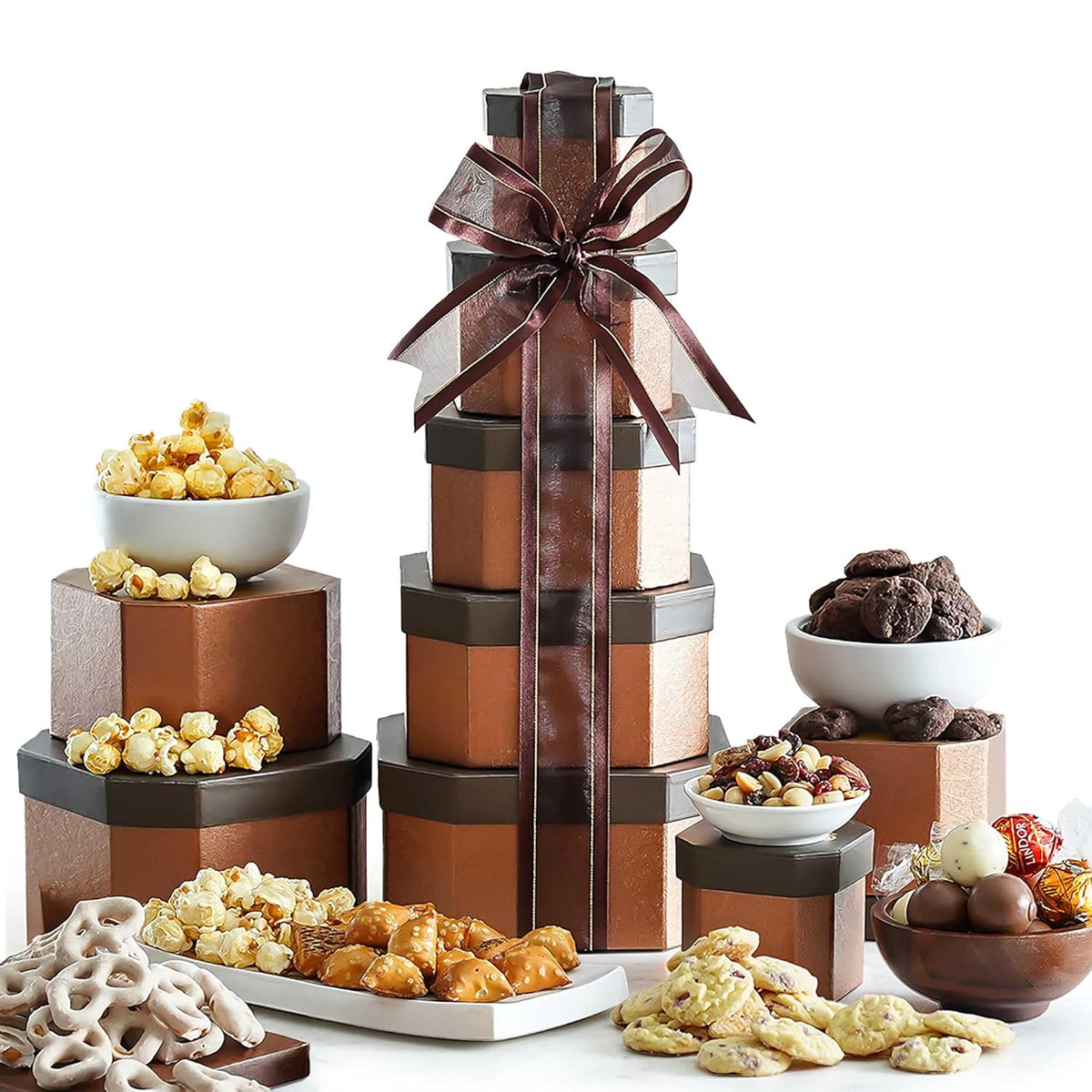 Broadway Basketeers Gift Basket Tower – Gourmet Kosher Snack & Chocolate Food Gifts for Women, Men, Family, Care Package for College & Teachers – Thank You, Christmas Holiday & Corporate