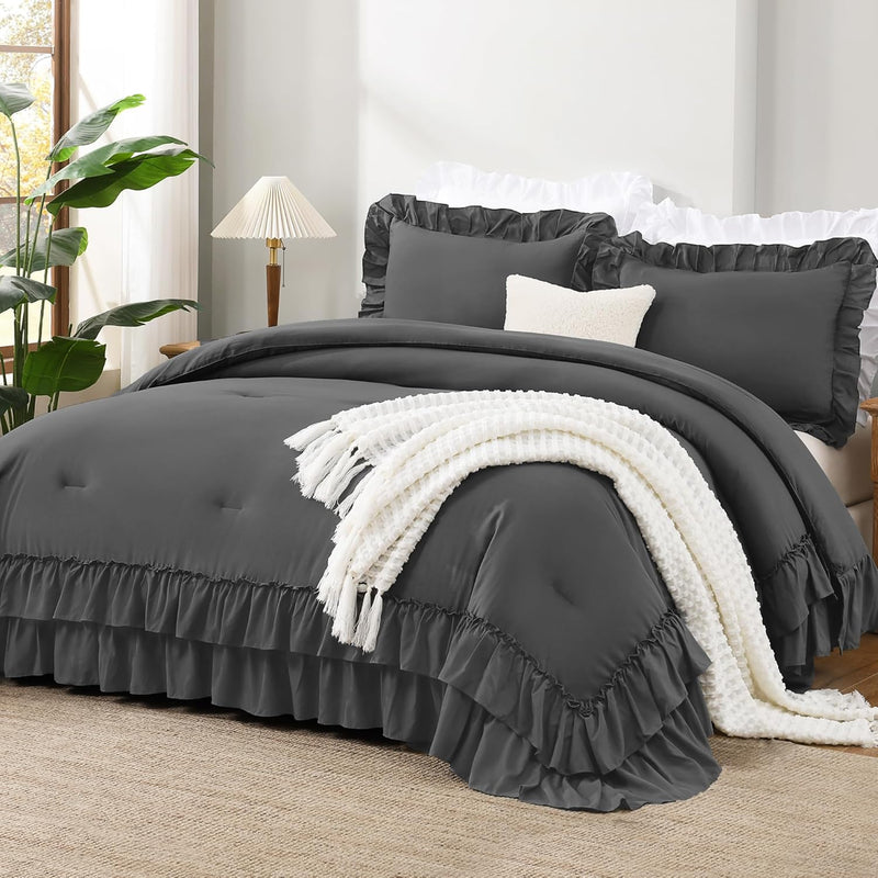 Andency White Comforter Set Queen Size, Lightweight Fluffy Farmhouse White Ruffle Bedding Set, Soft Microfiber All Season Shabby Chic Bed Comforter Set 3 Pieces(1 Ruffle Comforter 2 Pillowcases)