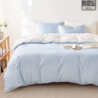 Wake In Cloud - Striped Comforter Set, Ticking Stripe Vertical Pinstripe Neutral Farmhouse Pattern Printed, Soft Lightweight Bedding, 3 Pieces, Blue White, Full Size