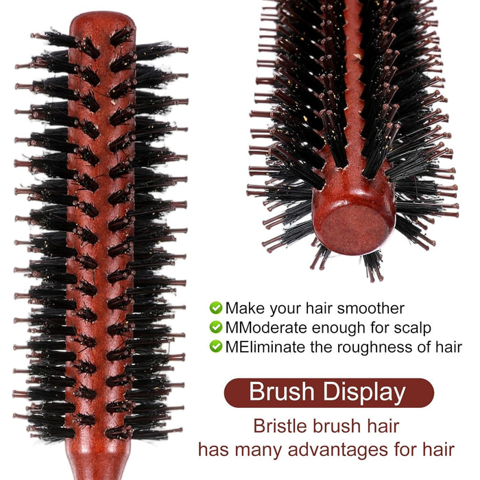 2 Pack Small Round Hair Brush Boar Bristle Roller Hairbrush Wooden Handle Volumizing Hair Brush for Blow Drying Short Thin Fine Hairs Styling Women Curling Bangs Men Beard Travel Household