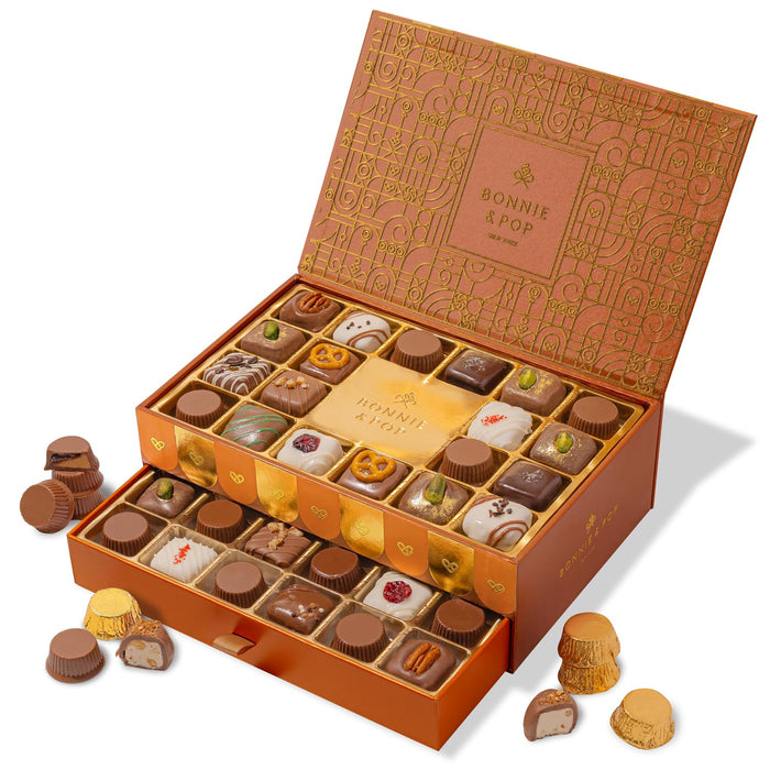 Chocolate Gift Basket, Candy Food Gifts, Gourmet Snack Box, Holiday Present Idea, Corporate Him & Her, Men, Women, Two-Tier Box with Assorted Belgian Truffles, 10+ Flavors, Bonnie and Pop (Red)