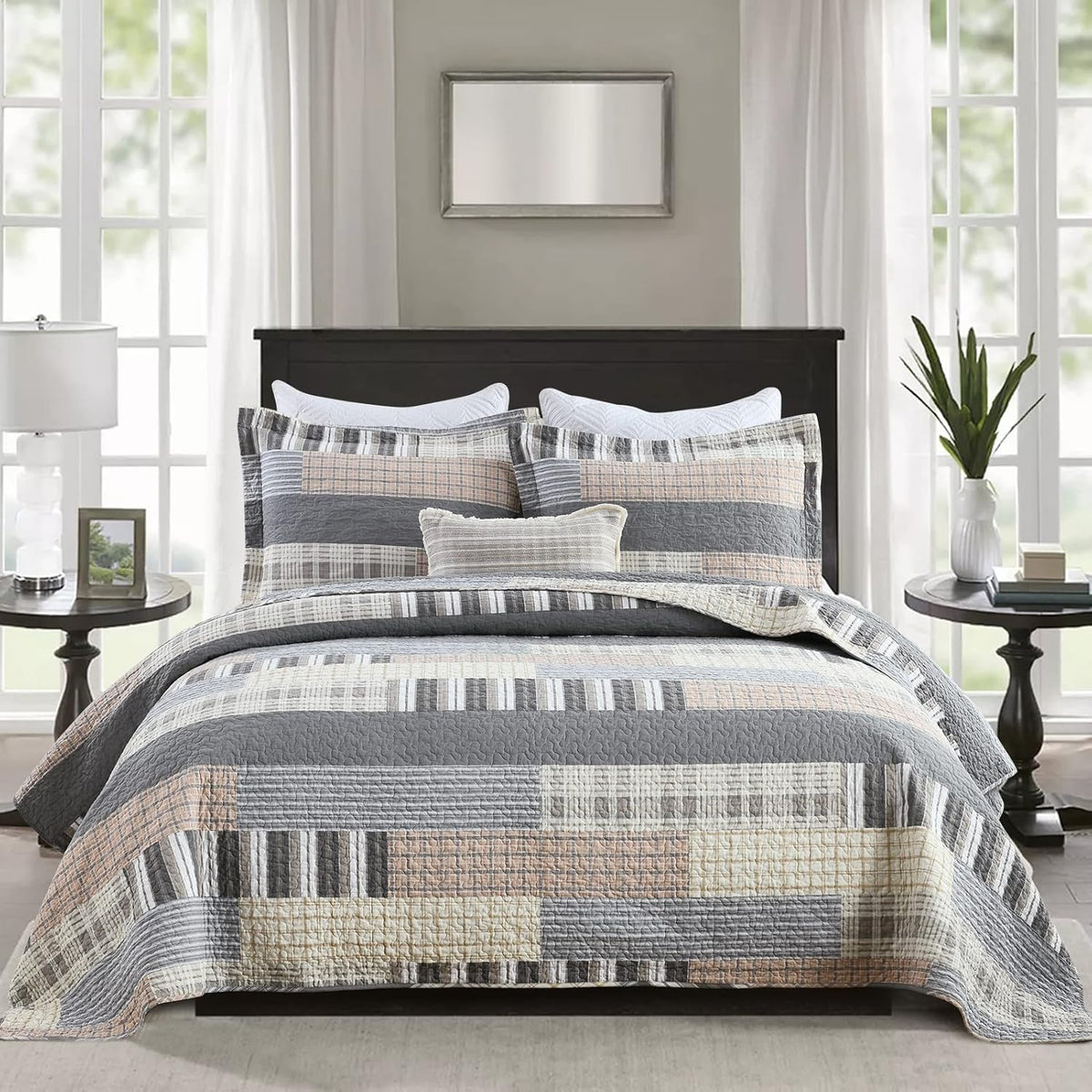 PANGUSHAN 100% Cotton Quilt Set King Size, Patchwork King Quilt Bedding Set Bedspreads, Farmhouse Lightweight Comforter Reversible Quilt, White/Brown/Grey Bed Spread for All Season, 3 Pieces