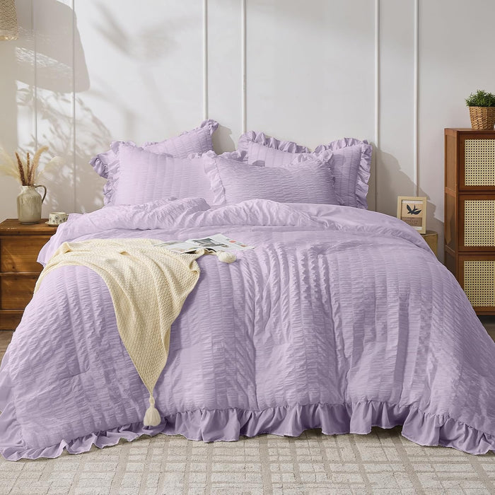 JOLLYVOGUE Dark Green Comforter Full Size, 3 Pieces Seersucker Lightweight Full Size Bedding, All Season Fluffy Microfiber Bedding Comforter Set with 1 Ruffle Comforter and 2 Ruffle Pillowshams