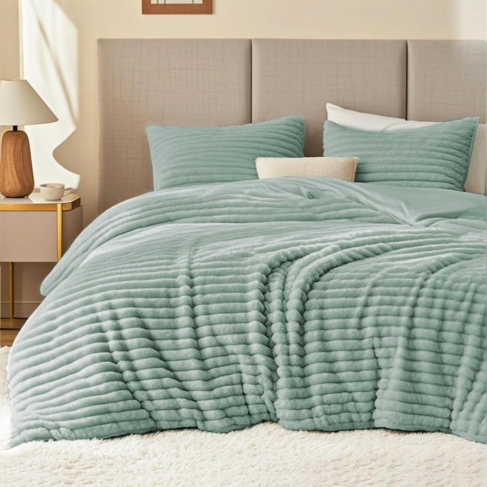 EXQ Home Fluffy Comforter Set Queen Size - Super Soft Faux Fur Stripe Jacquard Comforter 3 Pieces, Black Fleece Bedding Set,Winter Warm Bed Set,1 Comforter with 2 Pillowcases