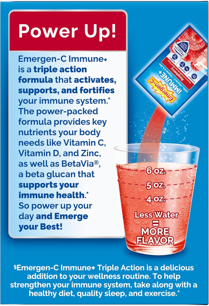 Emergen-C Immune+ Triple Action Immune Support Powder, BetaVia (R), 1000mg Vitamin C, B Vitamins, Vitamin D and Antioxidants, Raspberry, Back to School Essentials – 30 Count