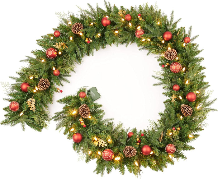 9Ft Pre-Lit Christmas Garland, Plug in, Green, 50 Clear Lights, Fireplace Stairs Mantle Door Indoor Outdoor, Decorated with Pine Cones