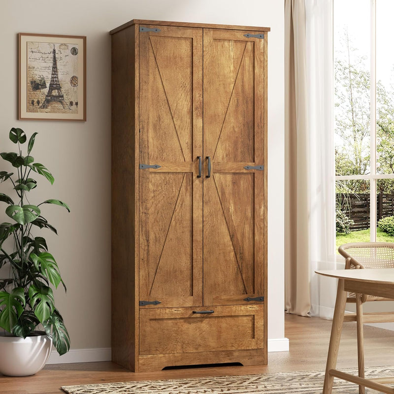 Vongrasig Kitchen Pantry Storage Cabinet with Barn Doors, Drawer and Adjustable Shelves, 4-Tier Tall Rustic Wood Cupboard Locker for Kitchen, Dining Room, Living Room, Bathroom, White