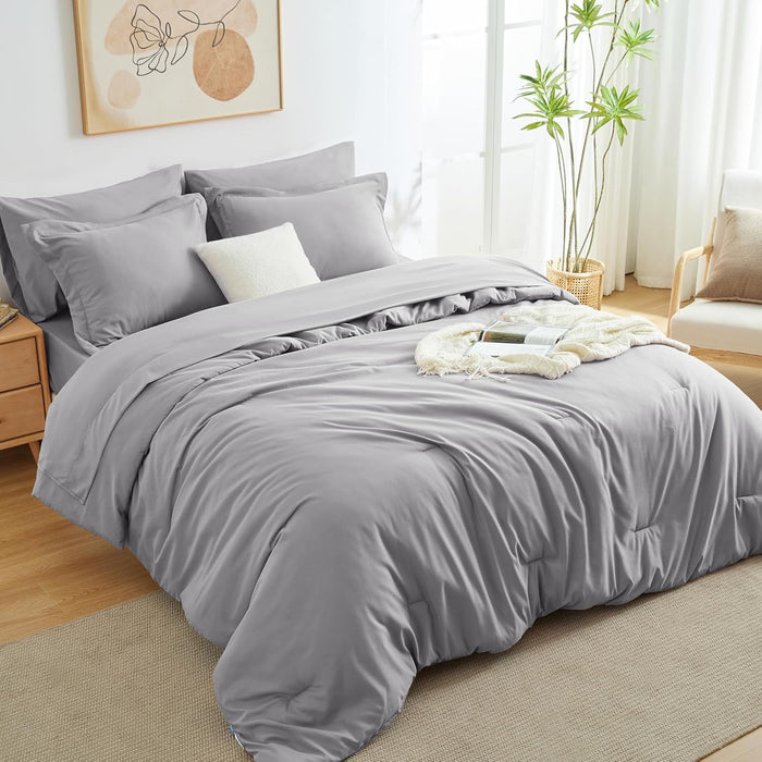 Dark Grey Queen Comforter Set, 7 Pieces Bed in a Bag Queen Lightweight Bedding Set, All Season Soft 7PC Bed Set with Comforter, Flat Sheet, Fitted Sheet, Pillowcases & Pillow Shams