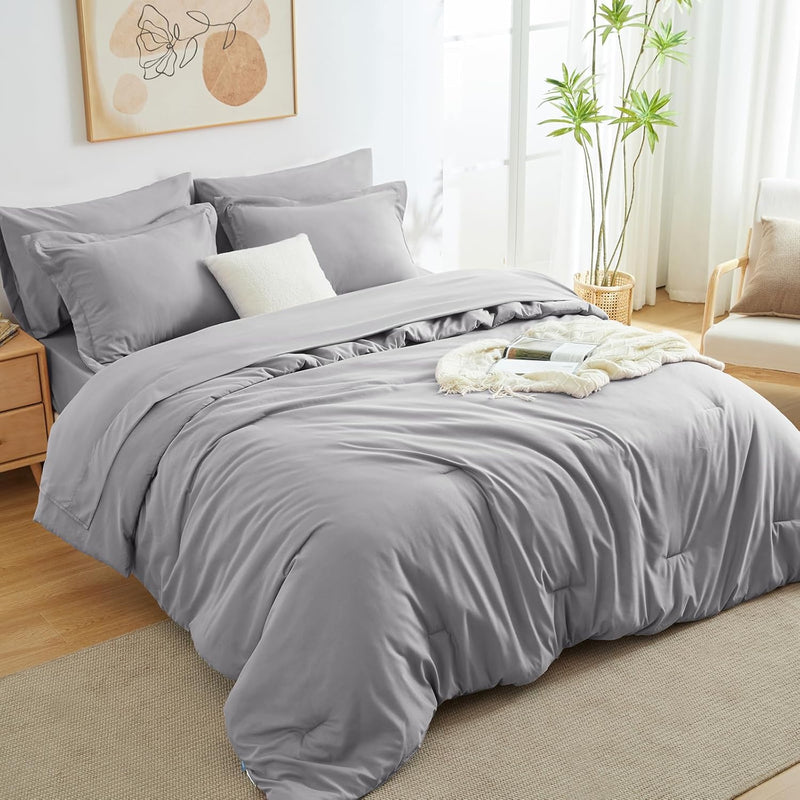 Dark Grey Queen Comforter Set, 7 Pieces Bed in a Bag Queen Lightweight Bedding Set, All Season Soft 7PC Bed Set with Comforter, Flat Sheet, Fitted Sheet, Pillowcases & Pillow Shams