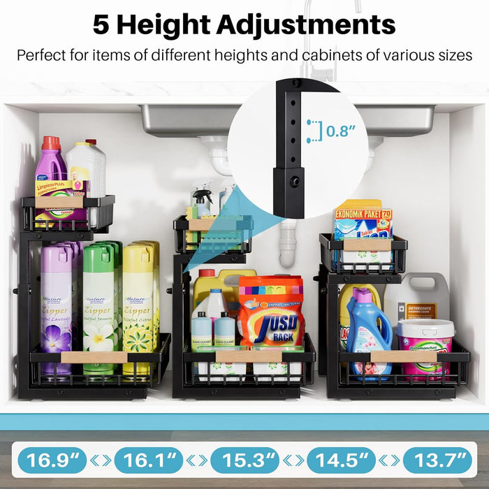 Under Sink Organizers and Storage,2 Packs 2 Tier Sliding Pull Out Cabinet Storage Shelf, Metal Drawer for Kitchen Bathroom Cabinet, Under Sink Organizer Organization Rack, Rust-Resistant Black